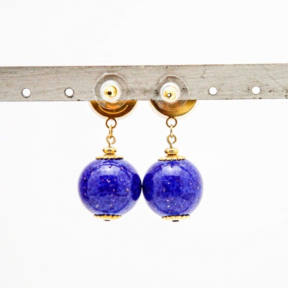 Vintage Faux Lapis Lazuli And Pearl Earrings Large Statement Drop & Dangle 1.75” - Picture 2 of 4
